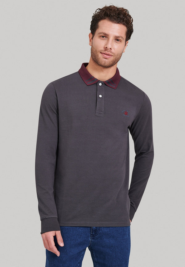 Beverly Hills Polo Club UK-STRIPED CONTRAST COLLAR LS POLO SHIRT LEAD