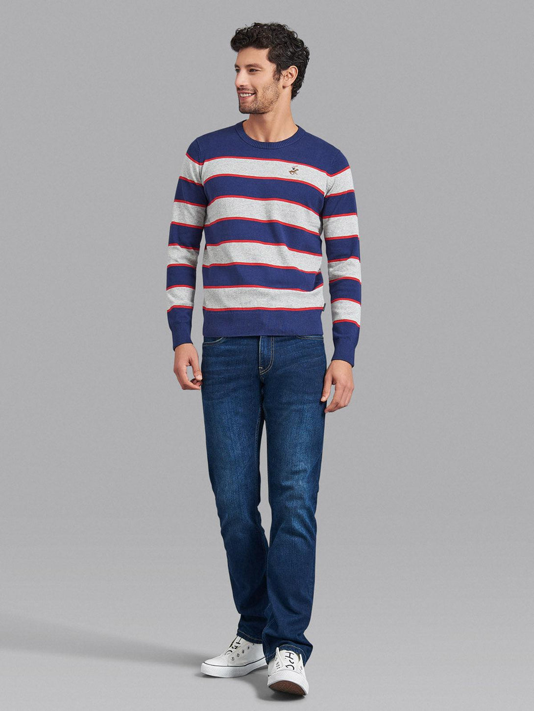 Beverly Hills Polo Club UK-STRIPED CREW NECK COTTON KNIT SWEAT TRUE NAVY