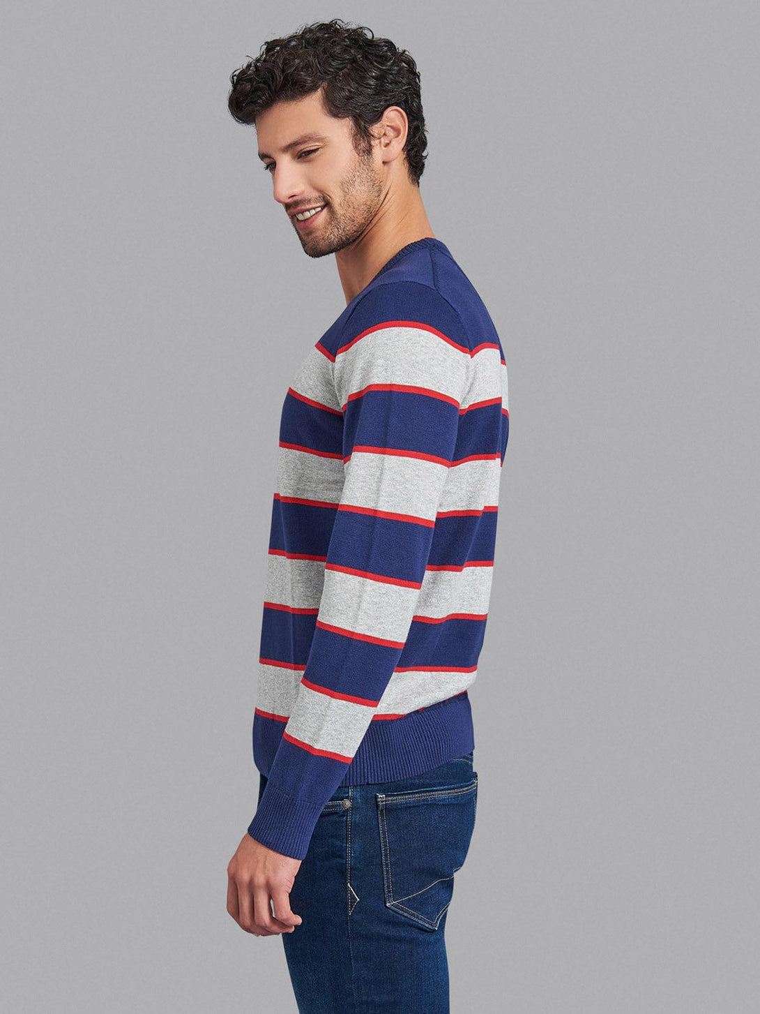 Beverly Hills Polo Club UK-STRIPED CREW NECK COTTON KNIT SWEAT TRUE NAVY