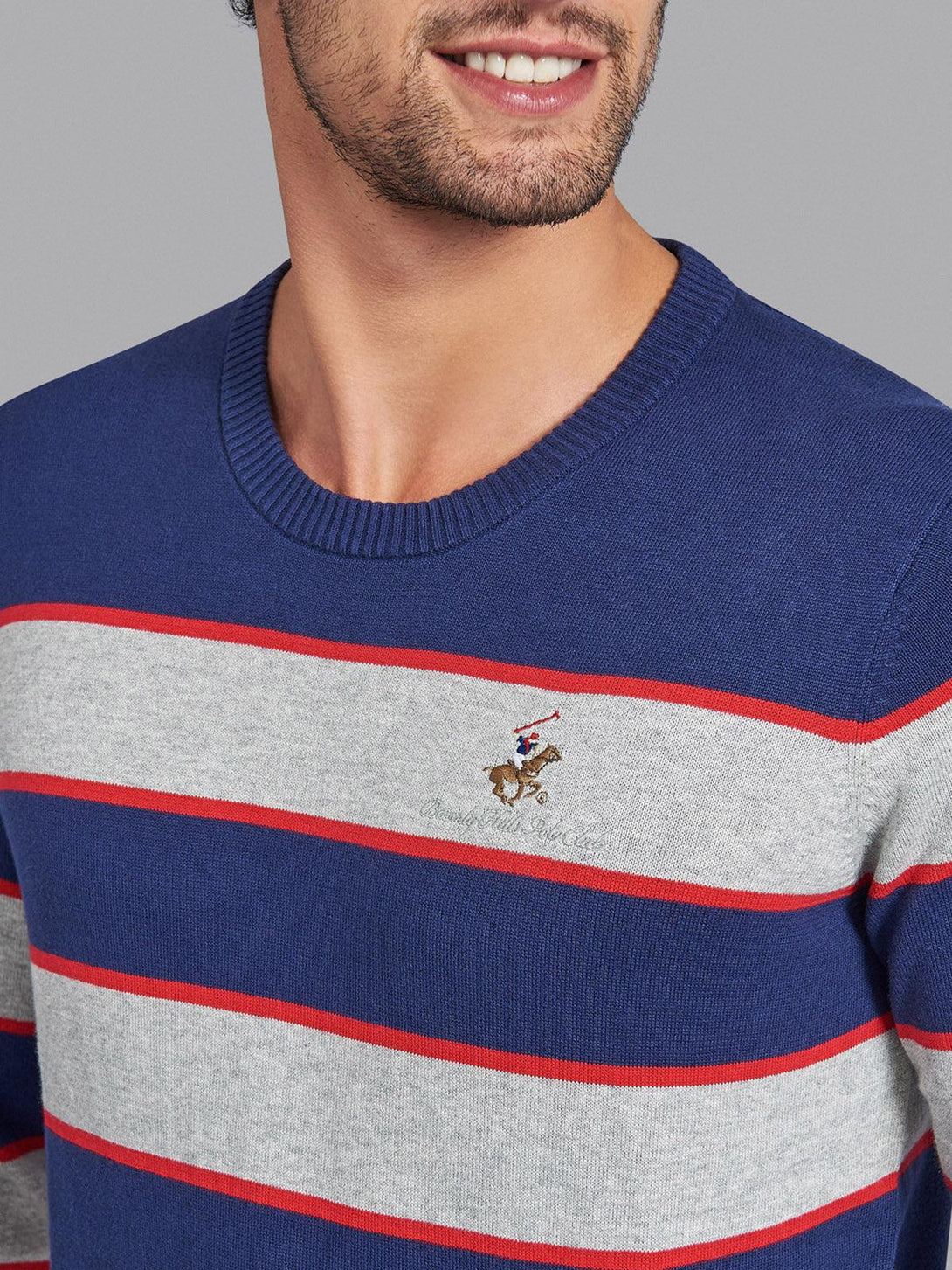 Beverly Hills Polo Club UK-STRIPED CREW NECK COTTON KNIT SWEAT TRUE NAVY