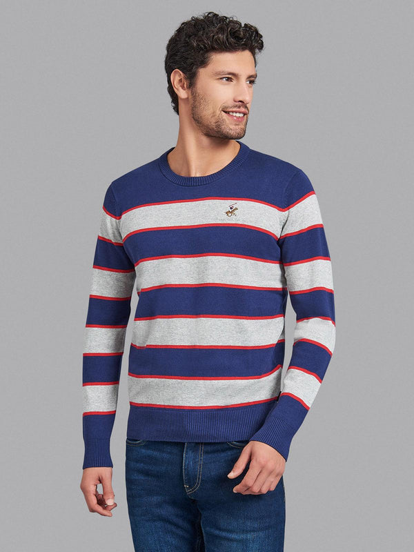 Beverly Hills Polo Club UK-STRIPED CREW NECK COTTON KNIT SWEAT TRUE NAVY