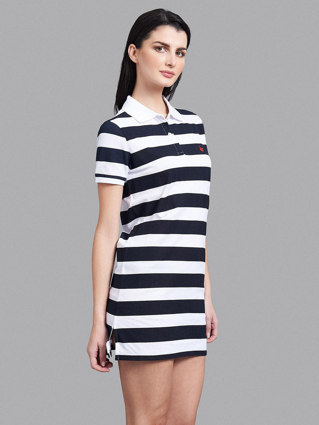 Beverly Hills Polo Club UK-STRIPED ESSENTIAL POLO DRESS TRUE NAVY