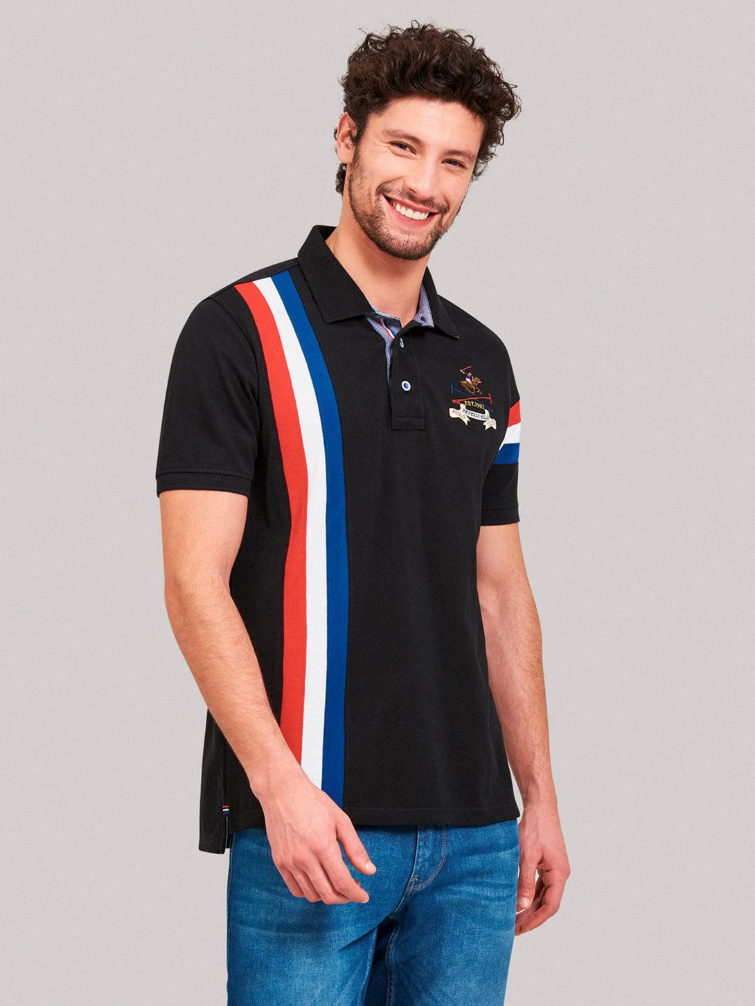 Beverly Hills Polo Club UK-TEAM CREST STRIPED POLO SHIRT BLACK