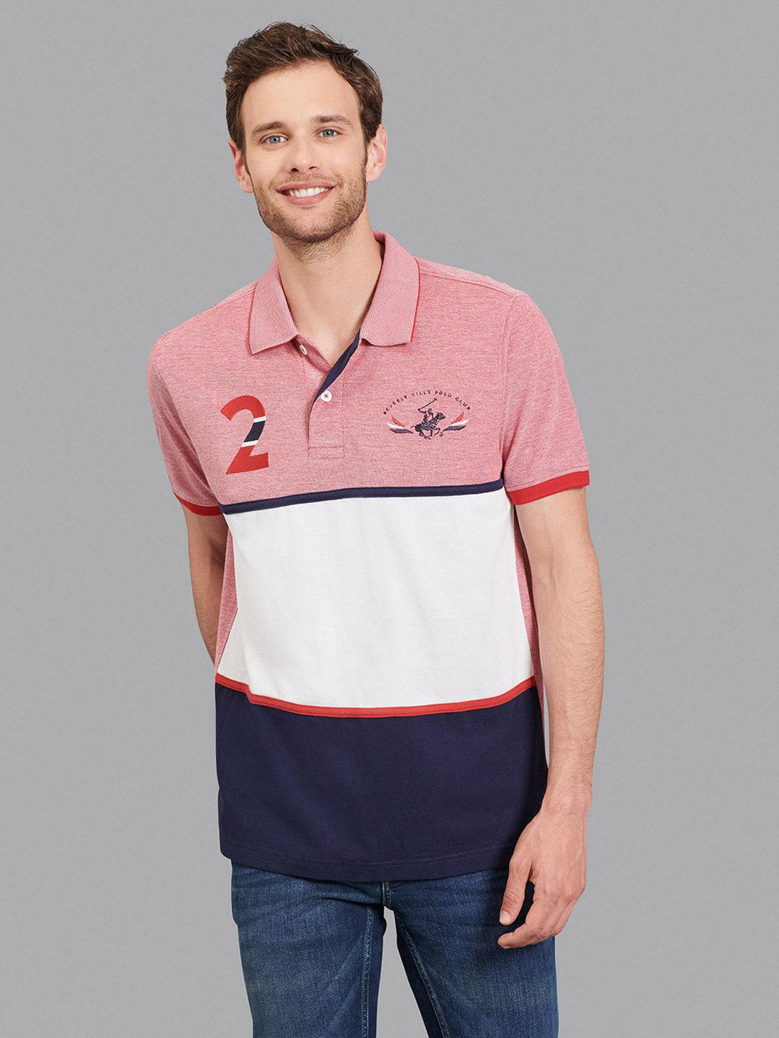 Beverly Hills Polo Club UK-TEAM PANEL LARGE FLAG PONY POLO SHIRT AA RED