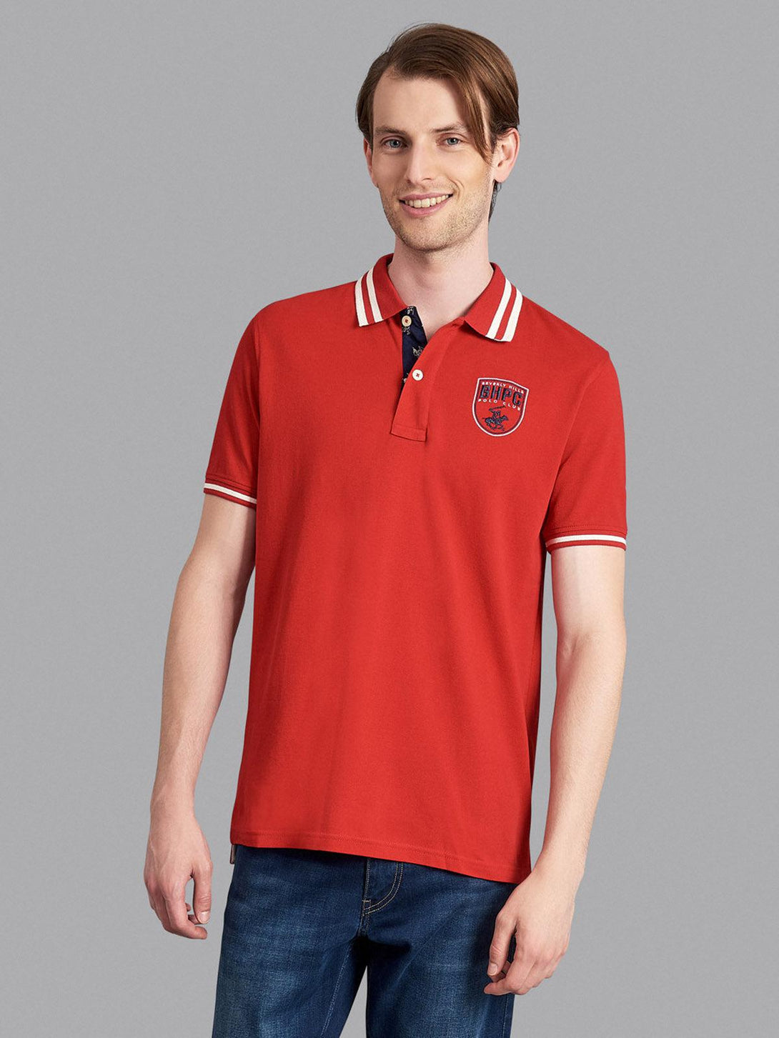 Beverly Hills Polo Club UK-TIPPED BHPC SHIELD BADGE POLO SHIRT AA RED