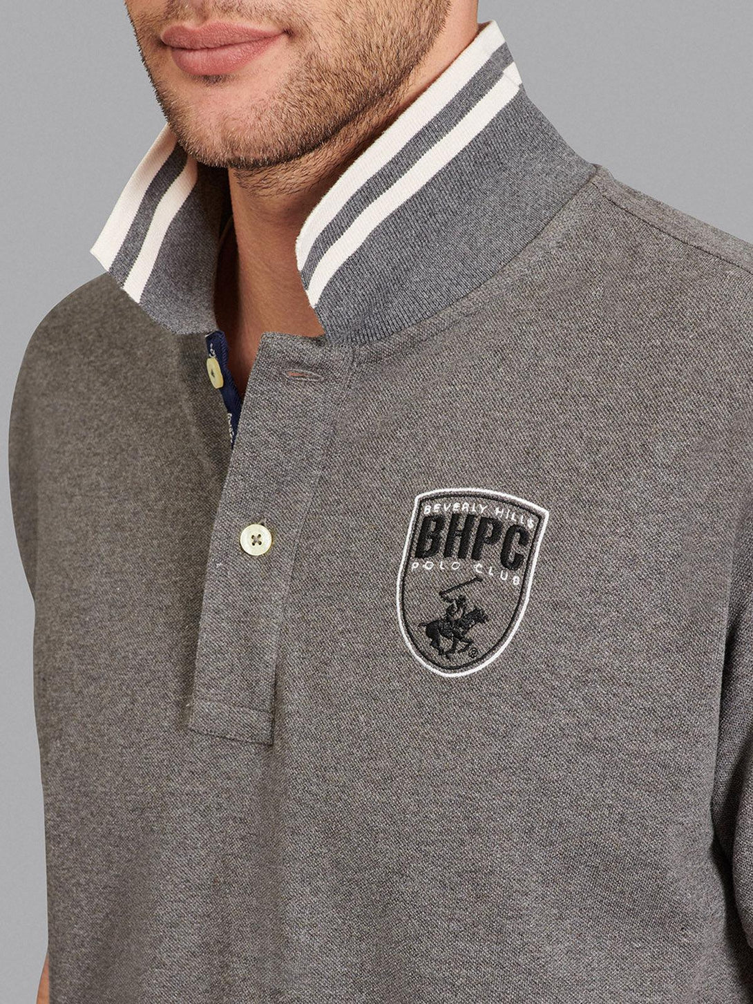 Beverly Hills Polo Club UK-TIPPED BHPC SHIELD BADGE POLO SHIRT HEATHER CHARCOAL