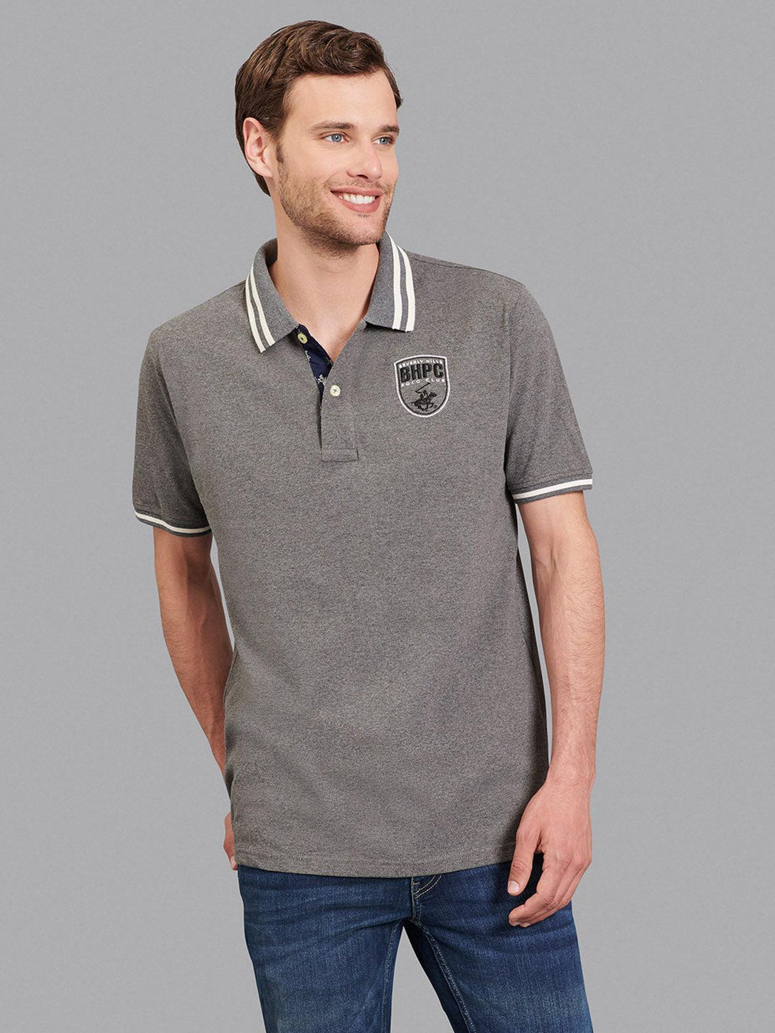 Beverly Hills Polo Club UK-TIPPED BHPC SHIELD BADGE POLO SHIRT HEATHER CHARCOAL