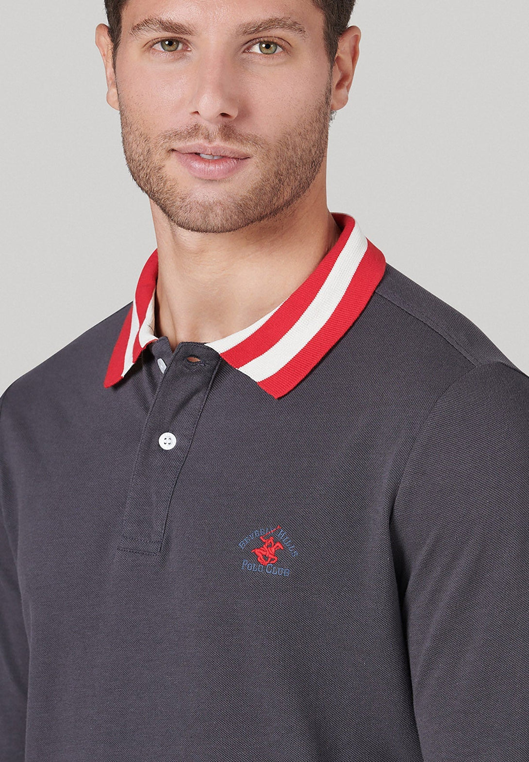 Beverly Hills Polo Club UK-TIPPED COLLAR ESSENTIAL LOGO LS POLO SHIRT LEAD