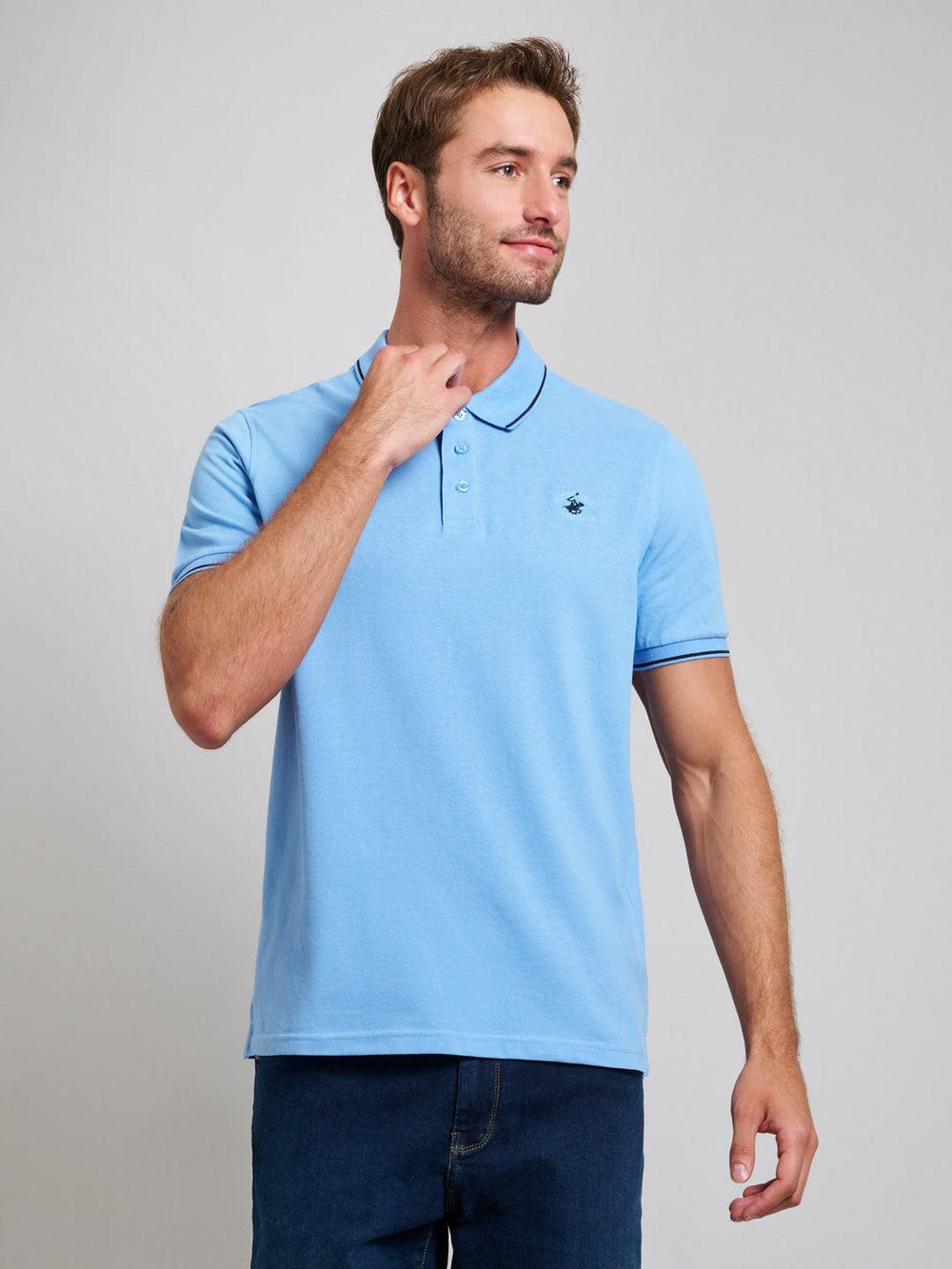TIPPED MODERN SLIM FIT POLO SHIRT BREEZE BLUE – BEVERLY HILLS POLO