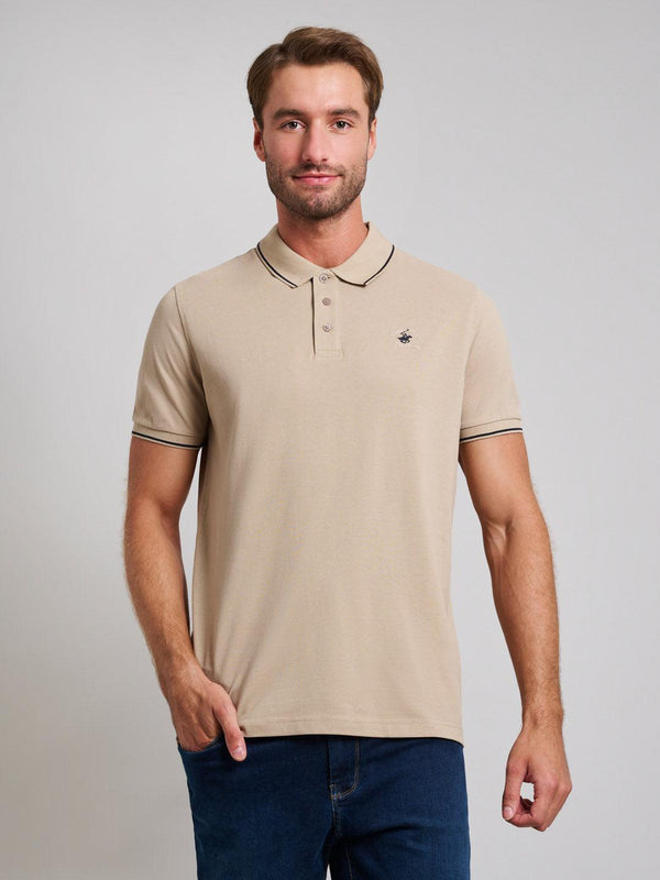 Beverly Hills Polo Club UK-TIPPED MODERN SLIM FIT POLO SHIRT DESERT SAND