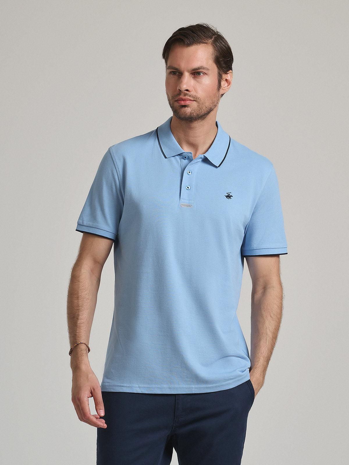 beverly hills polo club TIPPED PLACKET TAG POLO SHIRT BLUE