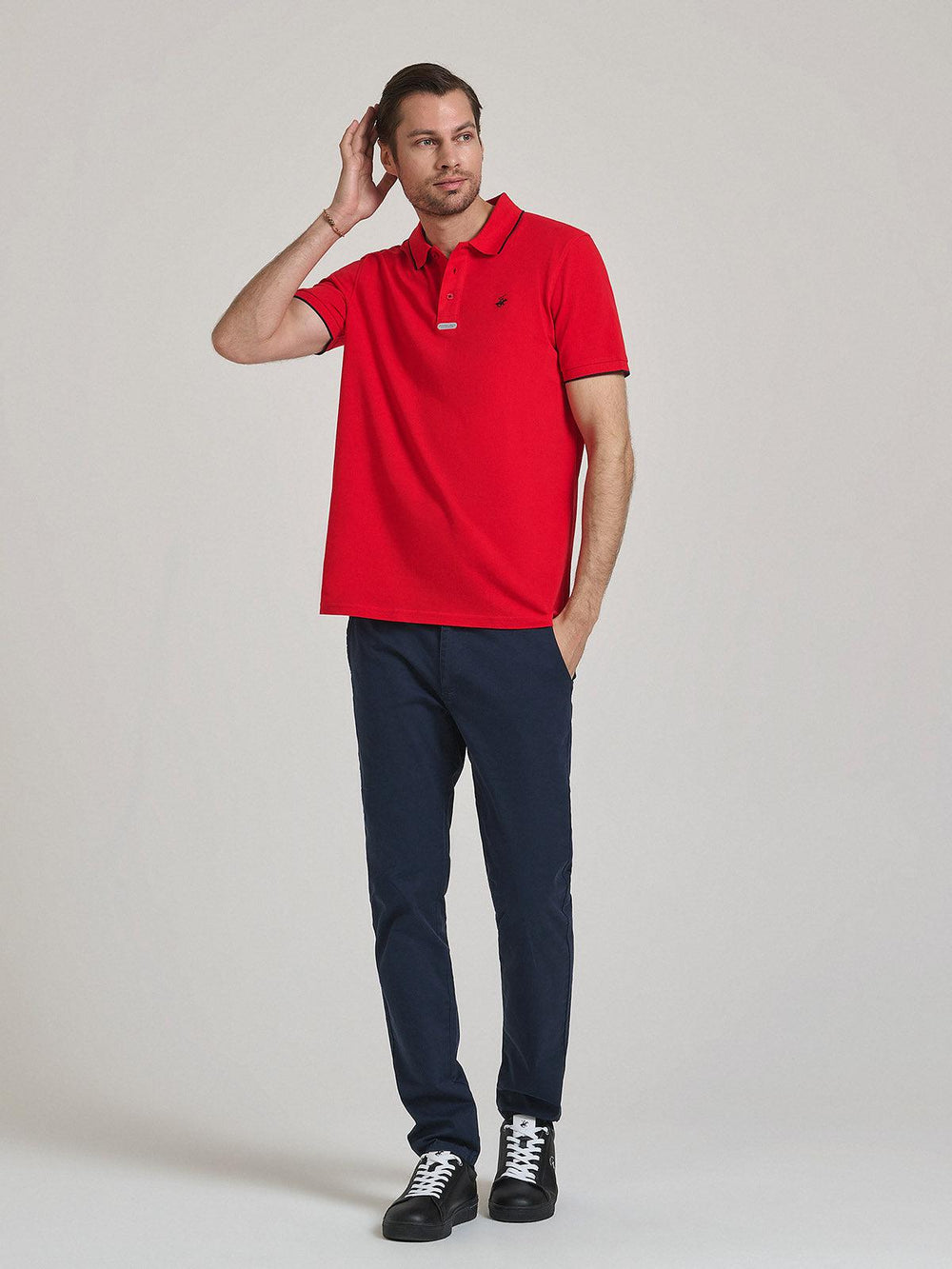 TIPPED PLACKET TAG POLO SHIRT RED – BEVERLY HILLS POLO CLUB