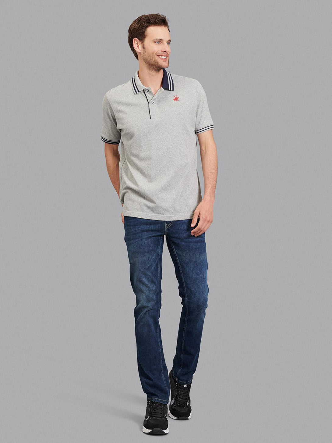 Beverly Hills Polo Club UK-TIPPED SPLIT COLLAR SIGNATURE POLO SHIRT HEATHER GREY