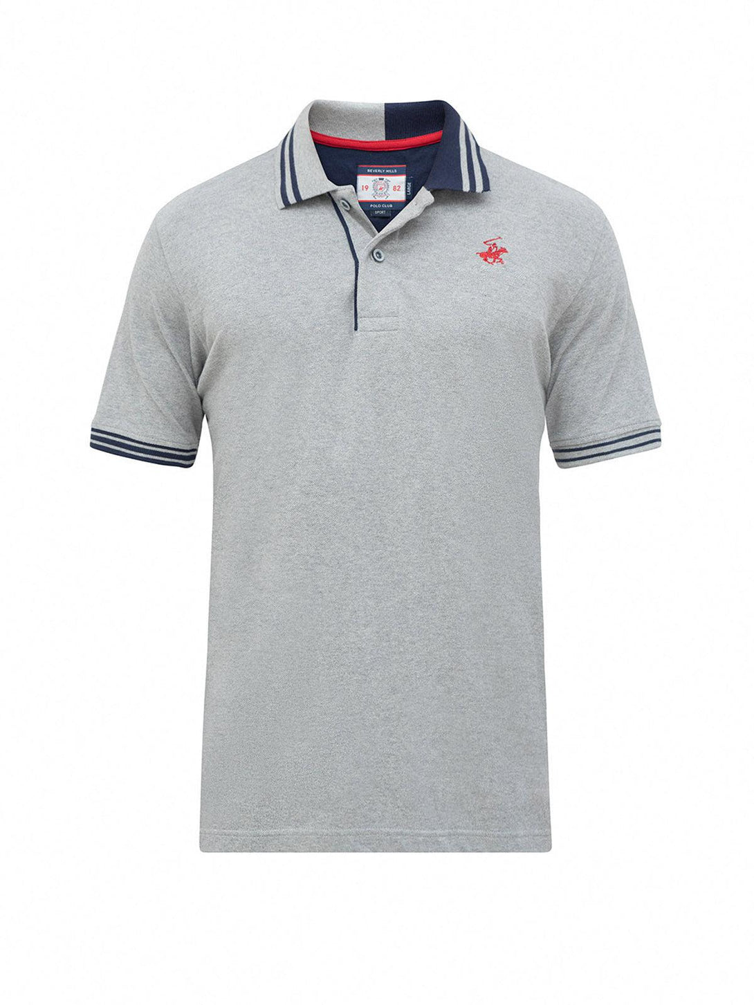 Beverly Hills Polo Club UK-TIPPED SPLIT COLLAR SIGNATURE POLO SHIRT HEATHER GREY