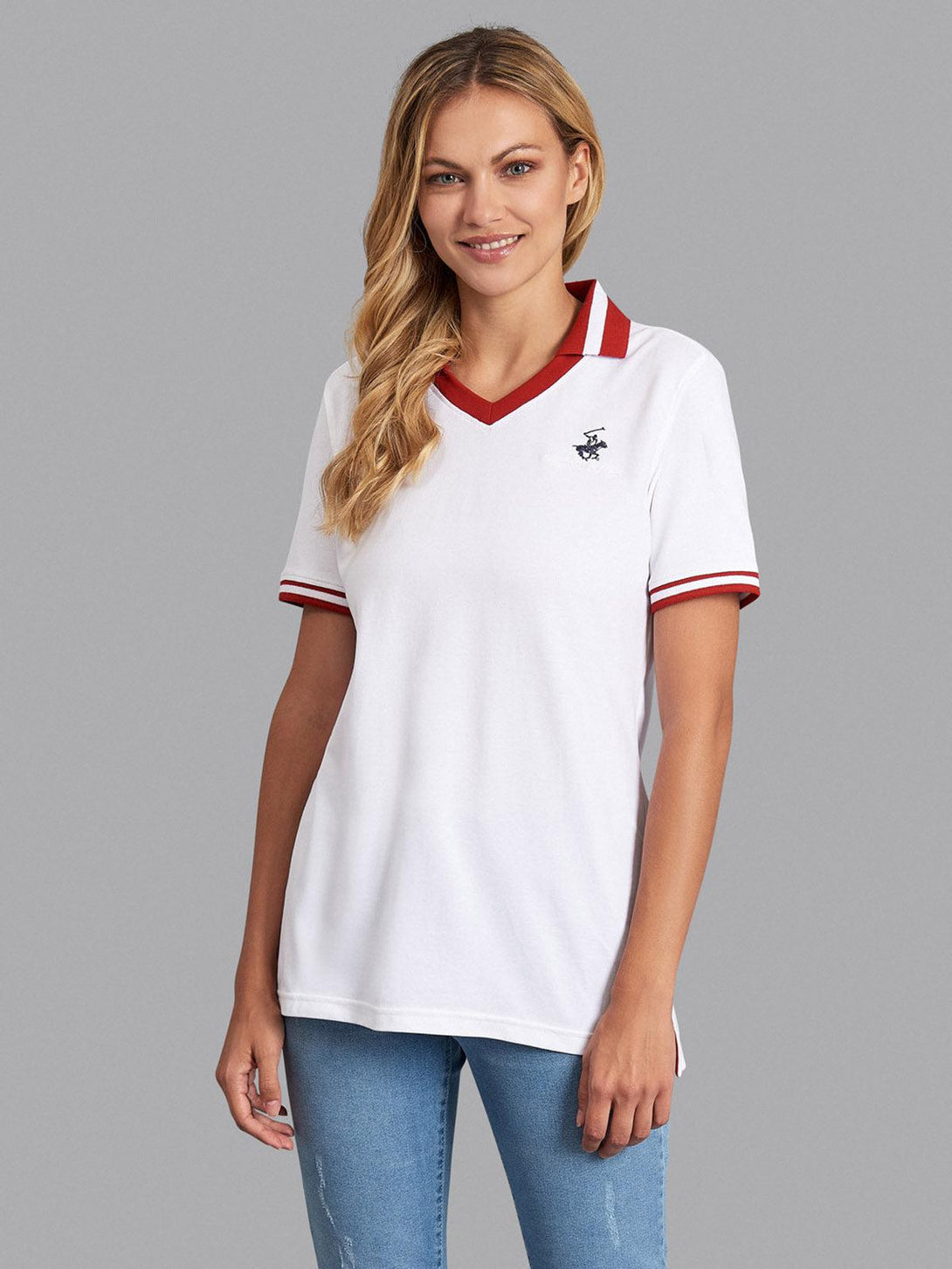 Beverly Hills Polo Club UK-TIPPED V-NECK POLO SHIRT WHITE