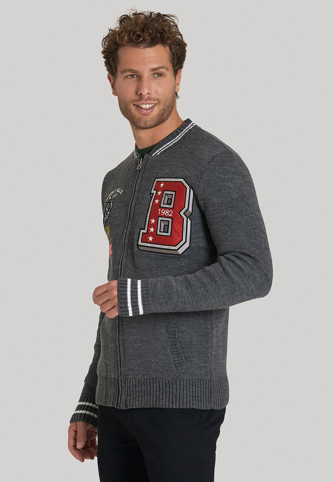 Beverly Hills Polo Club UK-TIPPED VARSITY FULL ZIP SWEAT GREY MELANGE