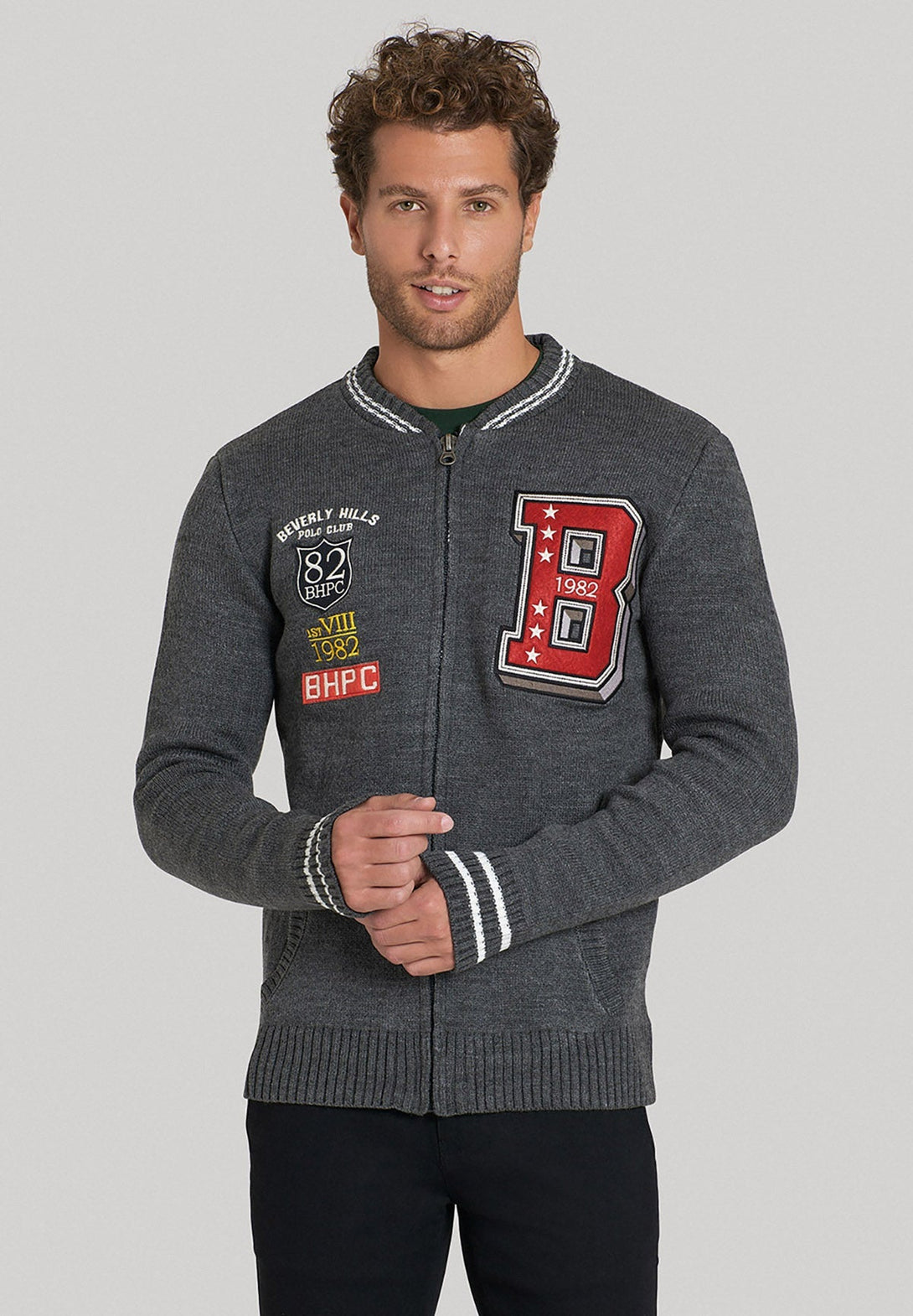 Beverly Hills Polo Club UK-TIPPED VARSITY FULL ZIP SWEAT GREY MELANGE