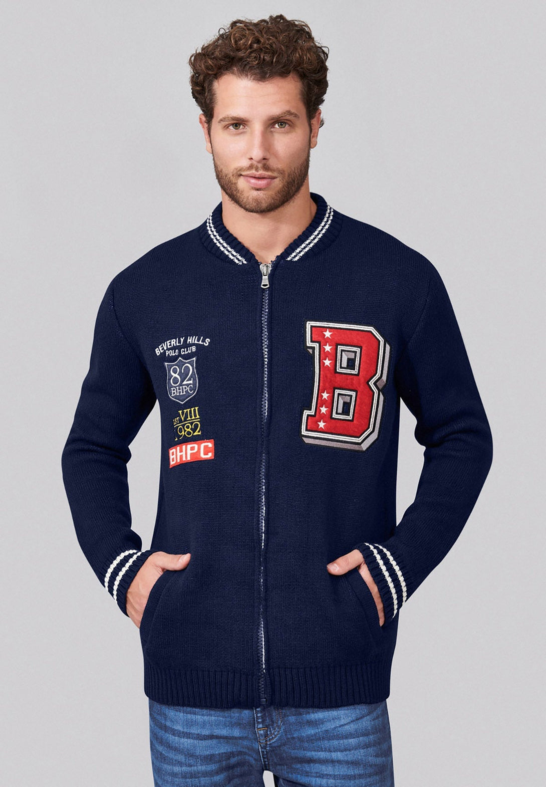 Beverly Hills Polo Club UK-TIPPED VARSITY FULL ZIP SWEAT NAVY