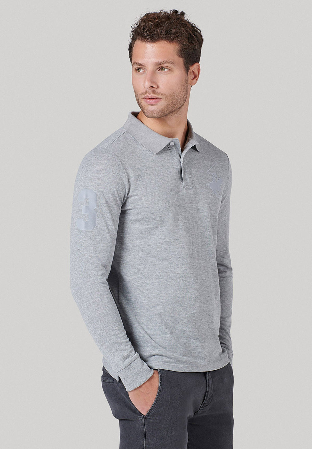 Beverly Hills Polo Club UK-TONAL OVERSIZED POLO PONY LS POLO SHIRT GREY MELANGE