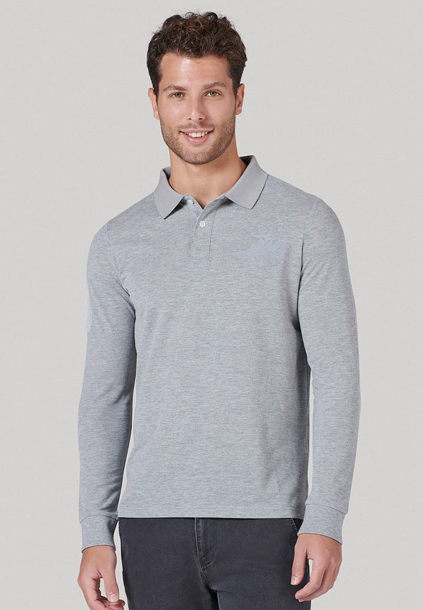 Beverly Hills Polo Club UK-TONAL OVERSIZED POLO PONY LS POLO SHIRT GREY MELANGE