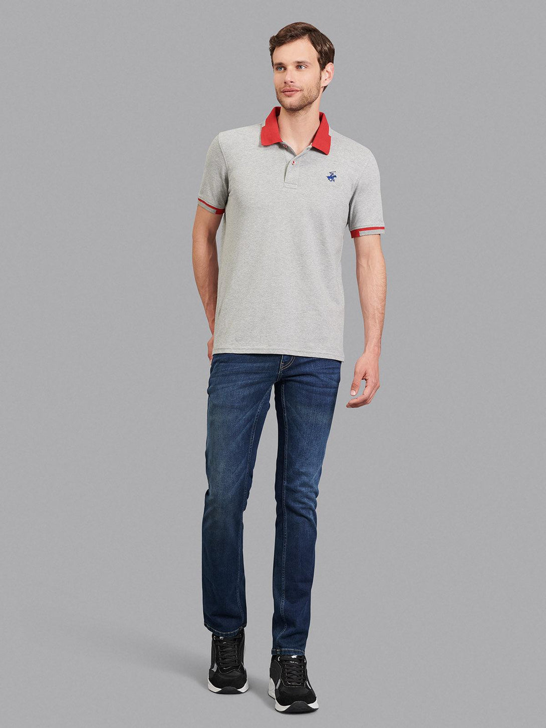 Beverly Hills Polo Club UK-TRIMMED CONTRAST STRETCH COTTON SIGNATURE POLO SHIRT HEATHER GREY