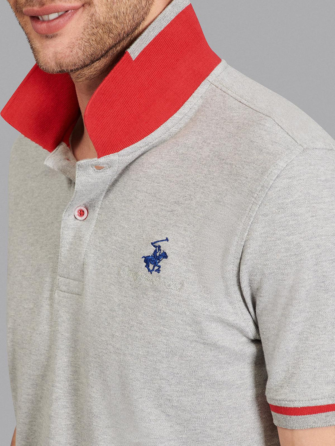 Beverly Hills Polo Club UK-TRIMMED CONTRAST STRETCH COTTON SIGNATURE POLO SHIRT HEATHER GREY