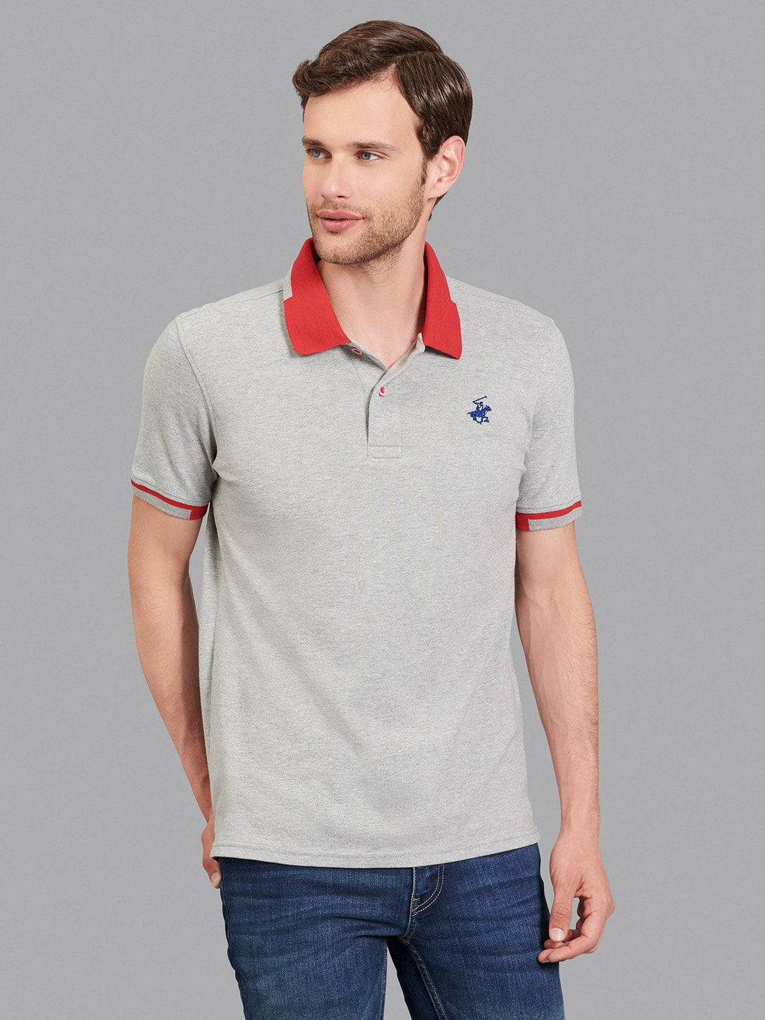 Beverly Hills Polo Club UK-TRIMMED CONTRAST STRETCH COTTON SIGNATURE POLO SHIRT HEATHER GREY