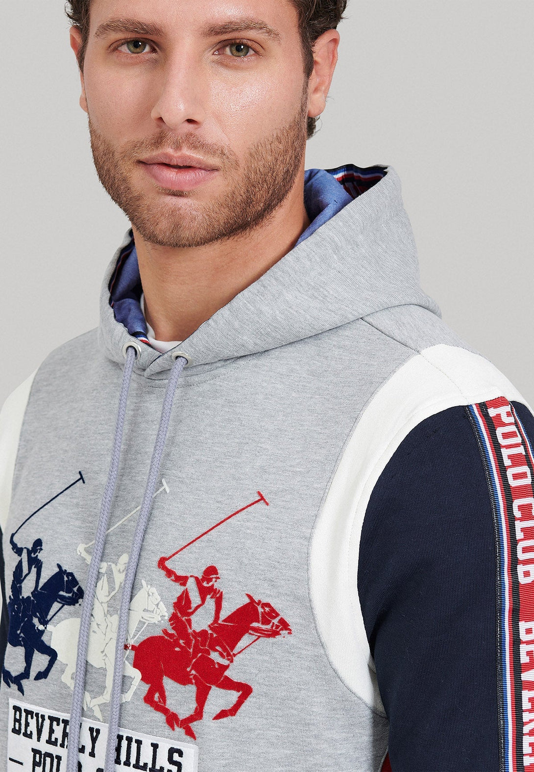 Beverly Hills Polo Club UK-TRIPLE POLO PONY CONTRAST PANEL HOODIE GREY MELANGE