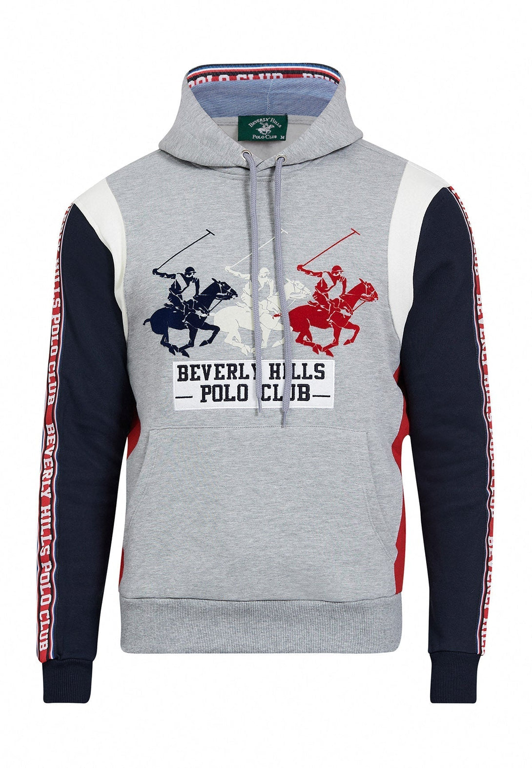 Beverly Hills Polo Club UK-TRIPLE POLO PONY CONTRAST PANEL HOODIE GREY MELANGE