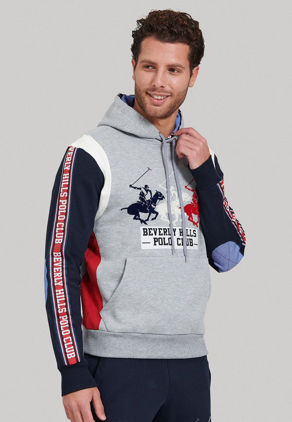 Beverly Hills Polo Club UK-TRIPLE POLO PONY CONTRAST PANEL HOODIE GREY MELANGE