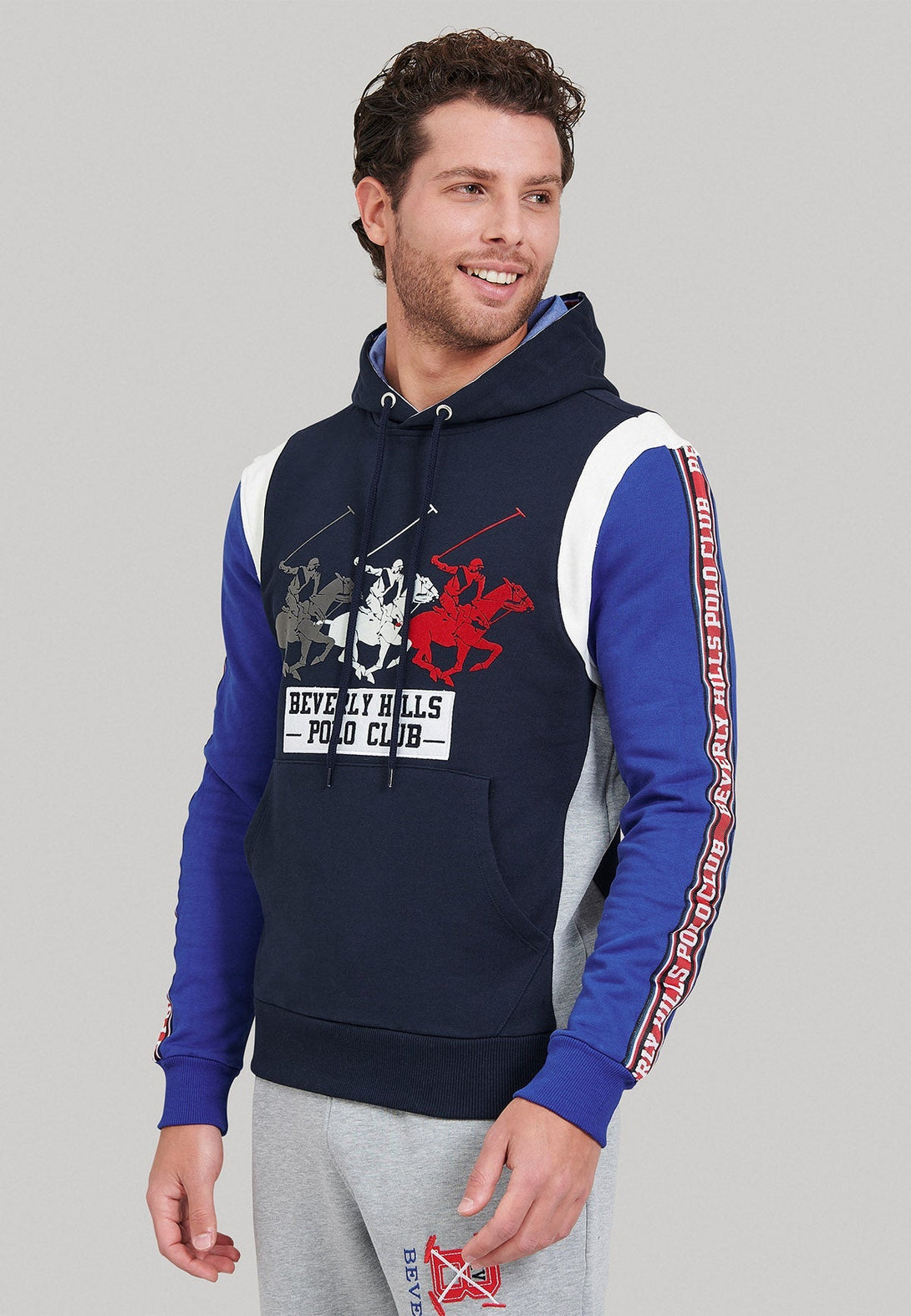 Beverly Hills Polo Club UK-TRIPLE POLO PONY CONTRAST PANEL HOODIE NAVY