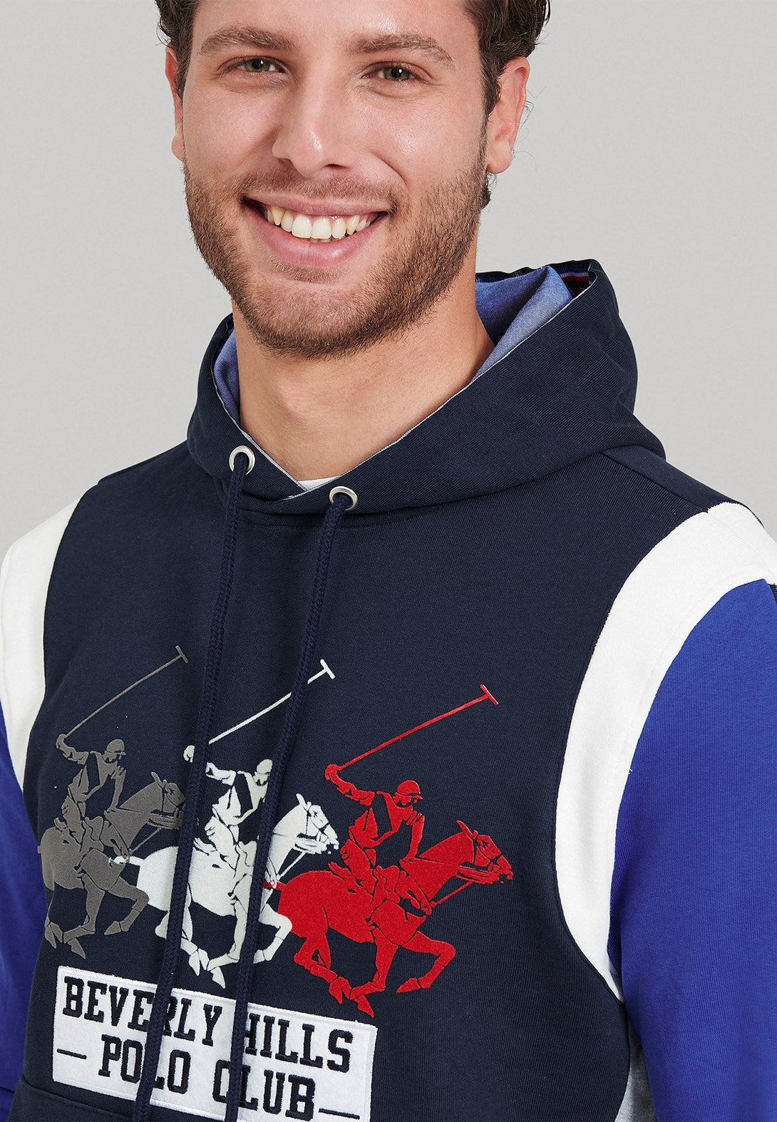 Beverly Hills Polo Club UK-TRIPLE POLO PONY CONTRAST PANEL HOODIE NAVY