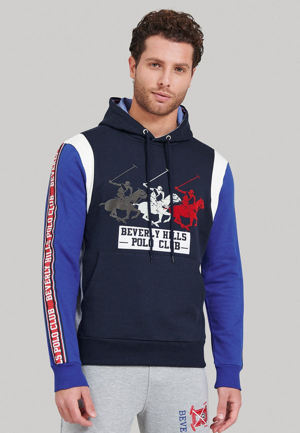 Beverly Hills Polo Club UK-TRIPLE POLO PONY CONTRAST PANEL HOODIE NAVY