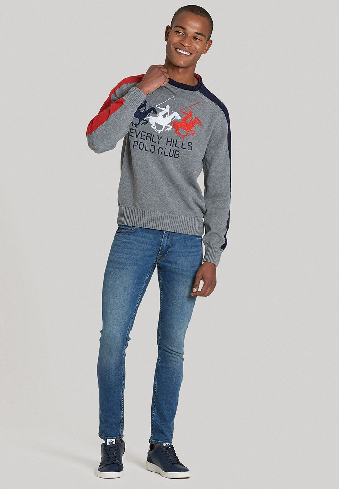 Beverly Hills Polo Club UK-TRIPLE PONY CREW NECK KNIT GREY MELANGE