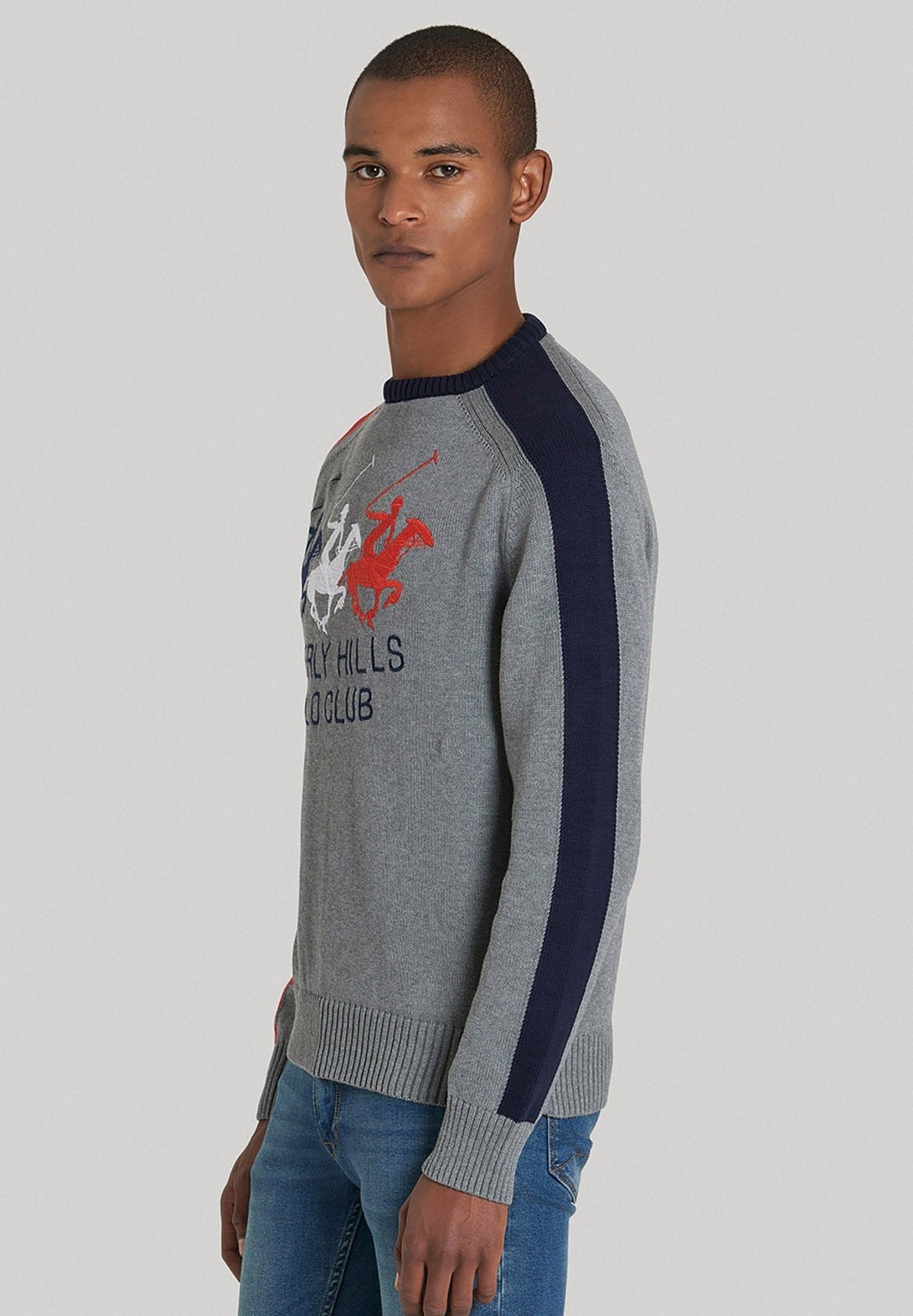 Beverly Hills Polo Club UK-TRIPLE PONY CREW NECK KNIT GREY MELANGE