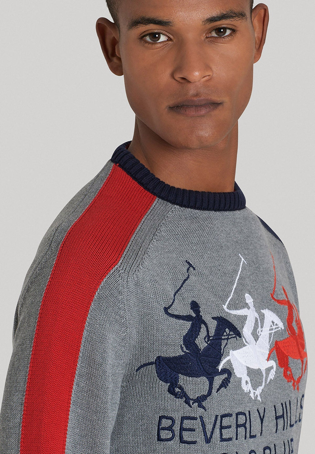 Beverly Hills Polo Club UK-TRIPLE PONY CREW NECK KNIT GREY MELANGE