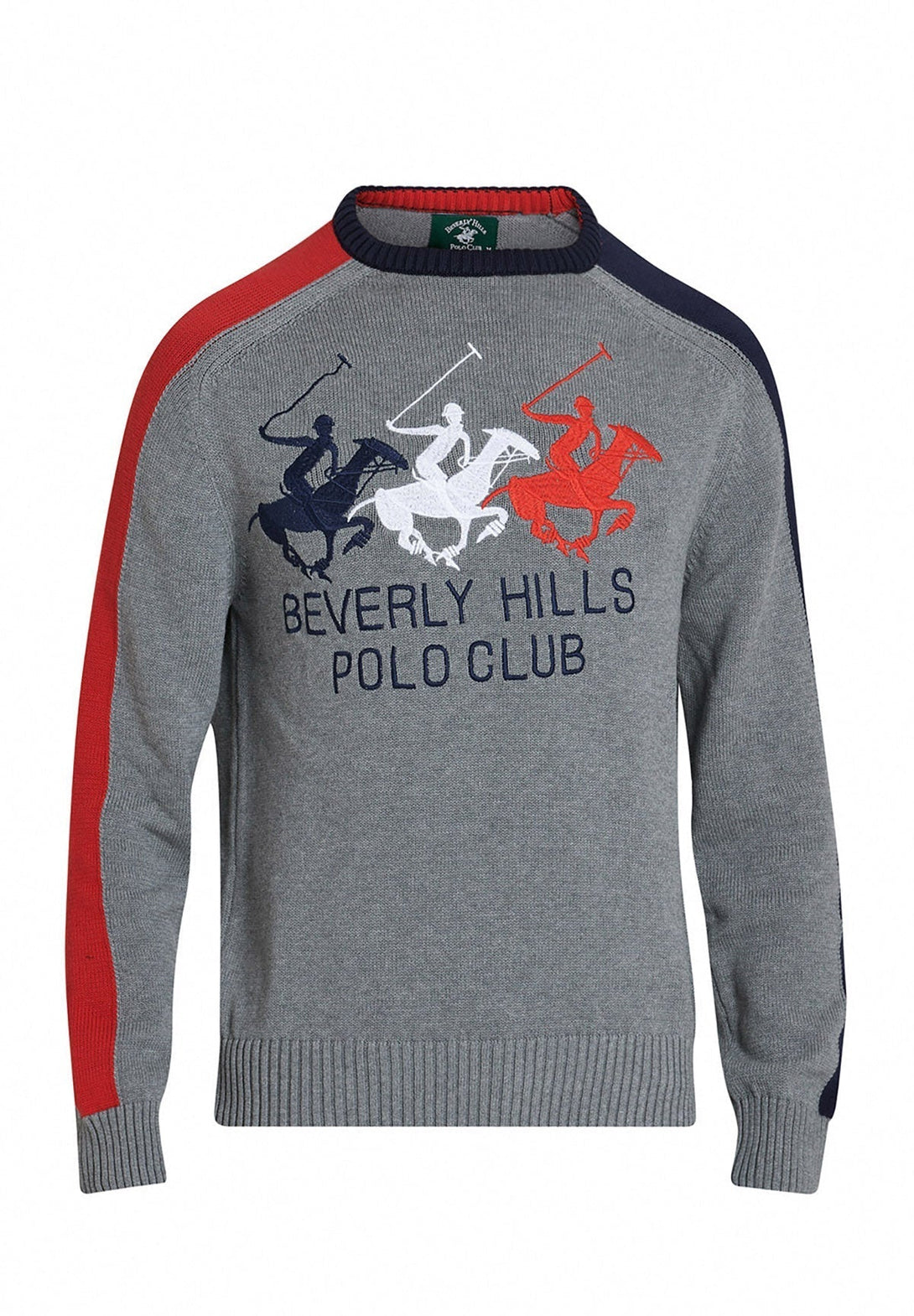 Beverly Hills Polo Club UK-TRIPLE PONY CREW NECK KNIT GREY MELANGE