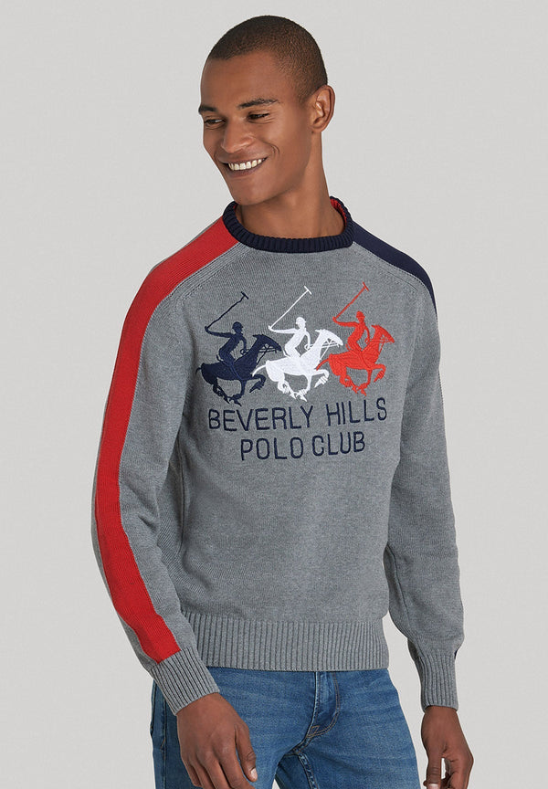 Beverly Hills Polo Club UK-TRIPLE PONY CREW NECK KNIT GREY MELANGE