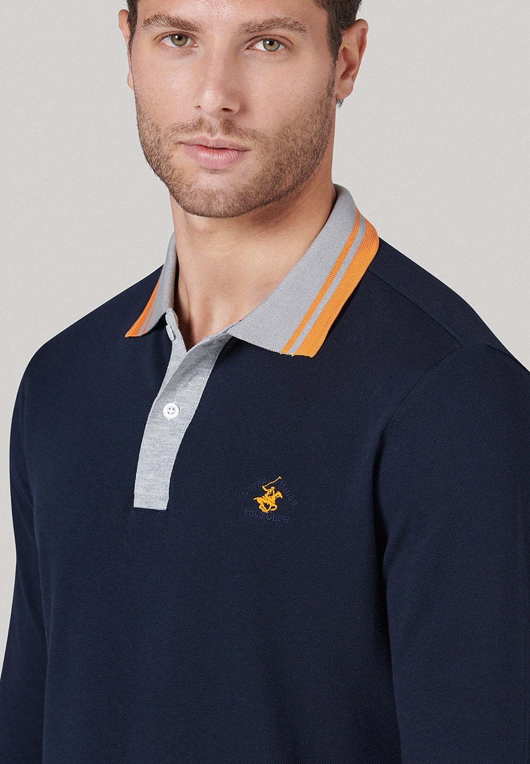 Beverly Hills Polo Club UK-TWIN STRIPE CONTRAST COLLAR LS POLO SHIRT NAVY