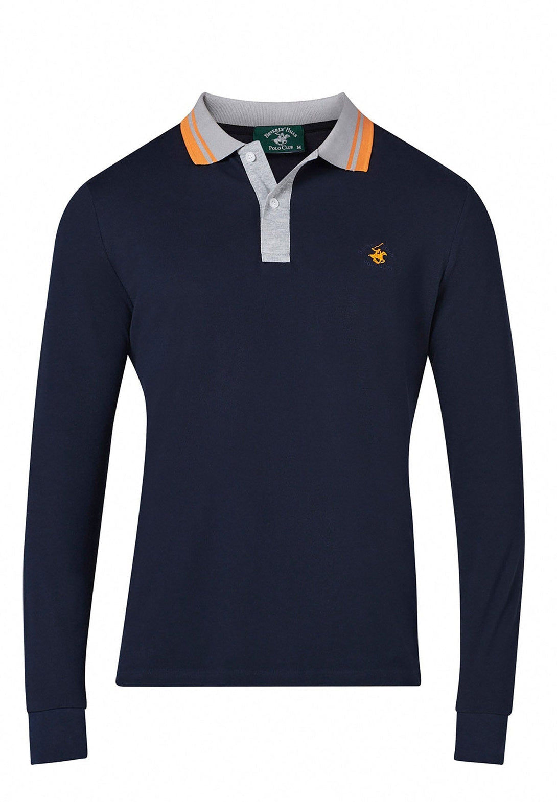 Beverly Hills Polo Club UK-TWIN STRIPE CONTRAST COLLAR LS POLO SHIRT NAVY