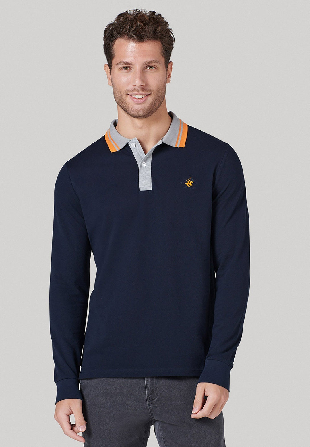 Beverly Hills Polo Club UK-TWIN STRIPE CONTRAST COLLAR LS POLO SHIRT NAVY