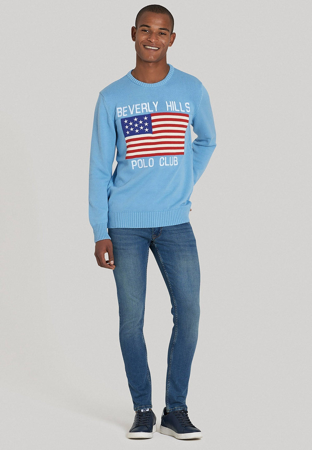 Beverly Hills Polo Club UK-US FLAG CREW NECK KNIT BALTIC BLUE