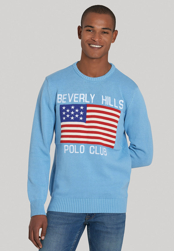 Beverly Hills Polo Club UK-US FLAG CREW NECK KNIT BALTIC BLUE