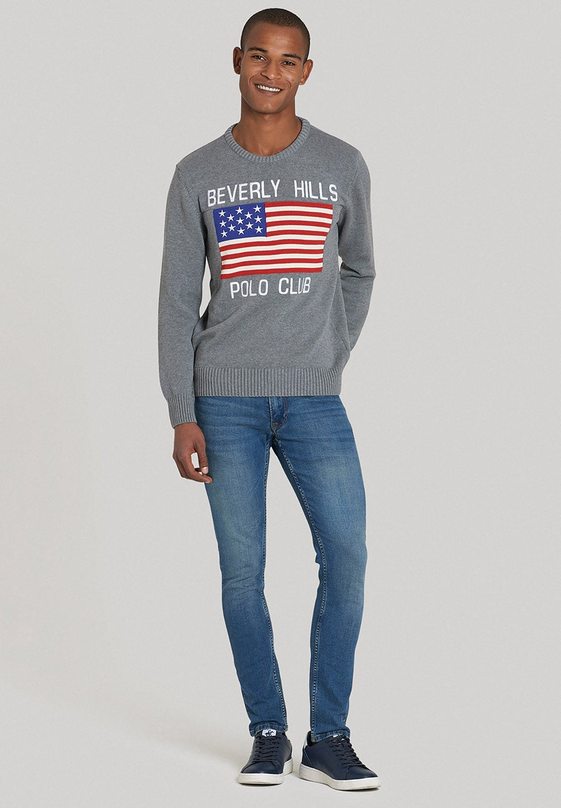 Beverly Hills Polo Club UK-US FLAG CREW NECK KNIT GREY MELANGE