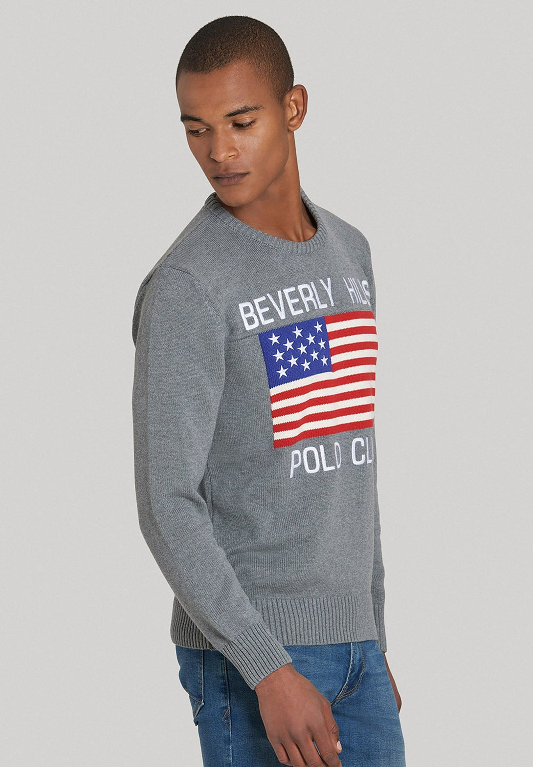 Beverly Hills Polo Club UK-US FLAG CREW NECK KNIT GREY MELANGE