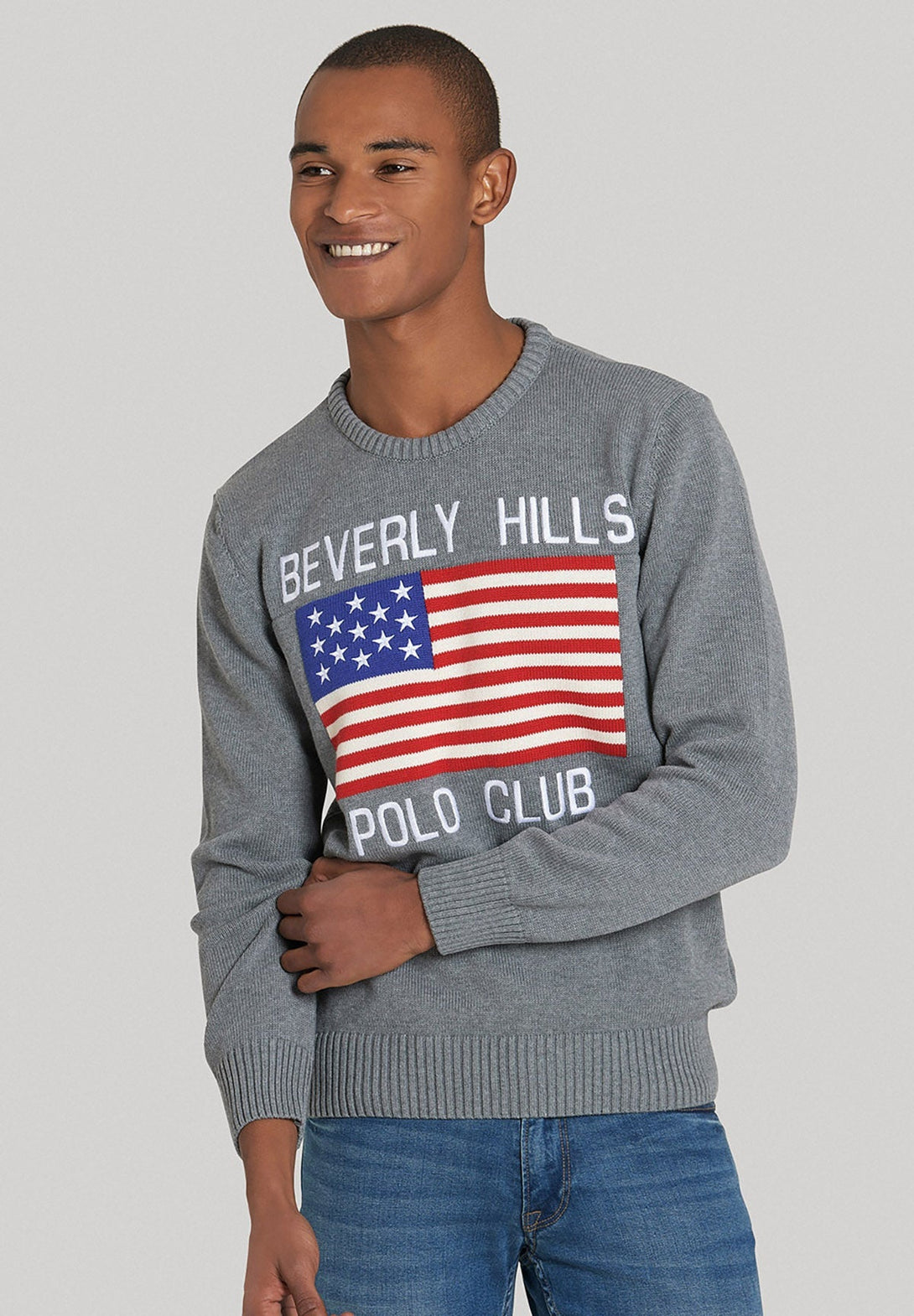 Beverly Hills Polo Club UK-US FLAG CREW NECK KNIT GREY MELANGE