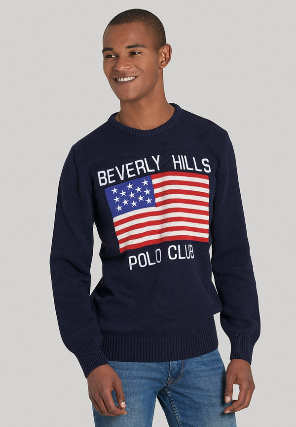 Beverly Hills Polo Club UK-US FLAG CREW NECK KNIT NAVY