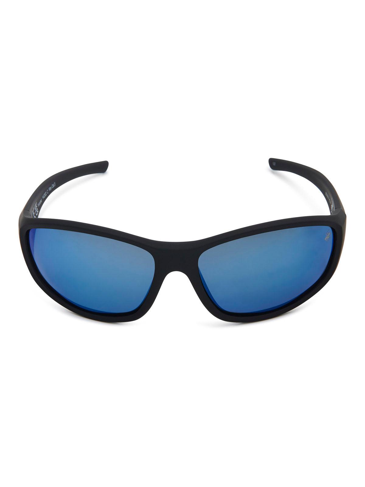 WRAP AROUND POLARISED SUNGLASSES BLACK MIRROR ICE BLUE GREY BEVERLY HILLS POLO CLUB