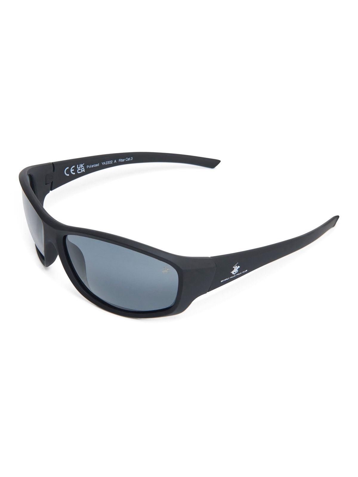 WRAP AROUND POLARISED SUNGLASSES BLACK SOLID GREY BEVERLY HILLS POLO CLUB